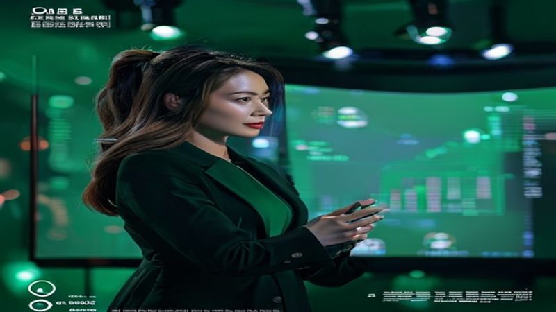 女优排行榜年度盘点视频预告封面，深绿色调演播室背景，主持人正在展示年度榜单数据大屏
