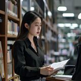 张鹏，女优排行榜内容研究主编，手持资料在图书馆式办公区阅读，环境安静整洁
