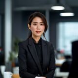 陈维，女优排行榜创始人与总编辑，身着深色职业装在办公室接受采访，神情沉稳专注